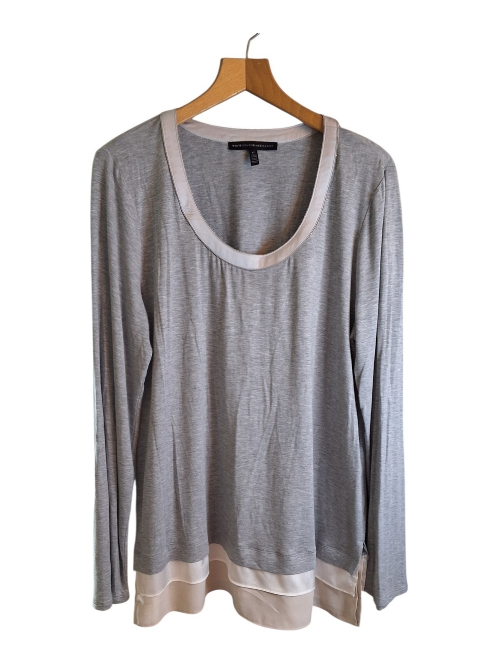 White House Black Market Gray Long-Sleeve Scoop Neck Top with Cream Trim